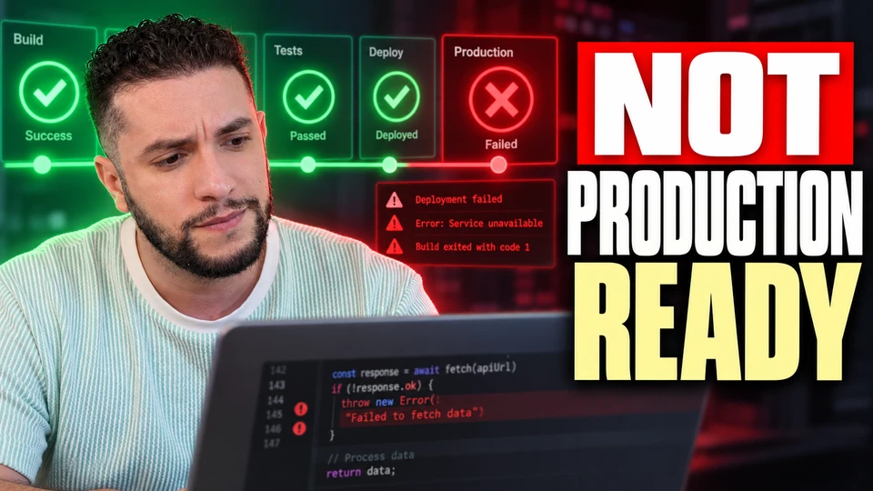 The published video's thumbnail: a creator at his laptop beside the words Not Production Ready